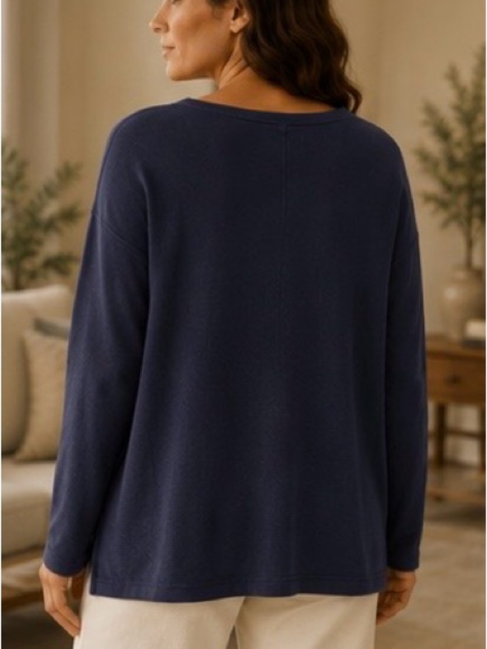 Eileen Fisher Ink Blue Boxy Boat Neck Top Lyocell Organic Cotton Large - Picture 2 of 9